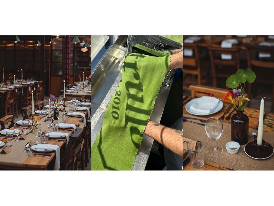 Three-panel collage showing a long decorated dining table, a green Trullo towel, and a rustic candlelit table setting at fforest farm