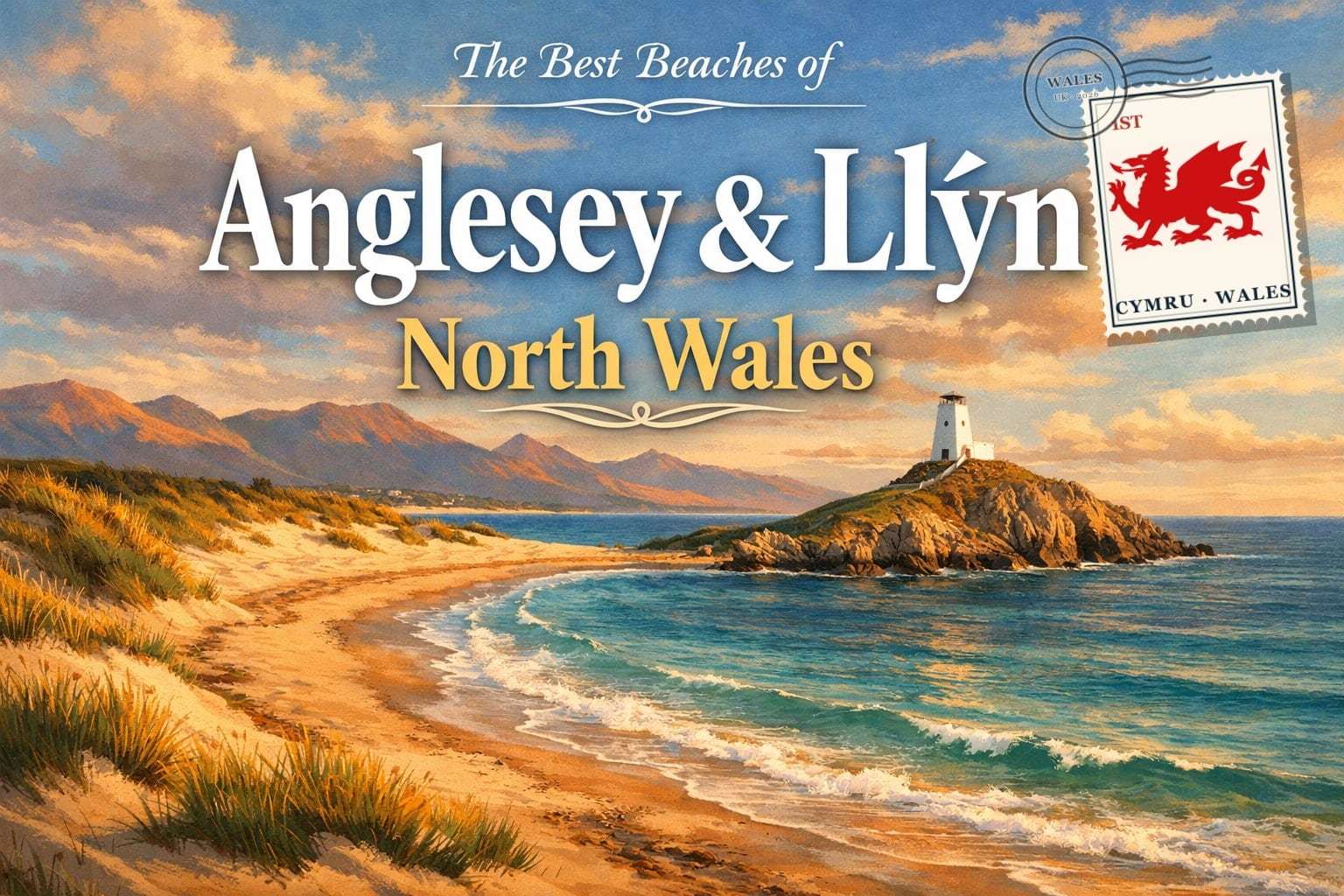 The best beaches of Anglesey and the Llŷn Peninsula, North Wales — a sweep of golden sand, clear turquoise sea and a small lighthouse on a rocky headland