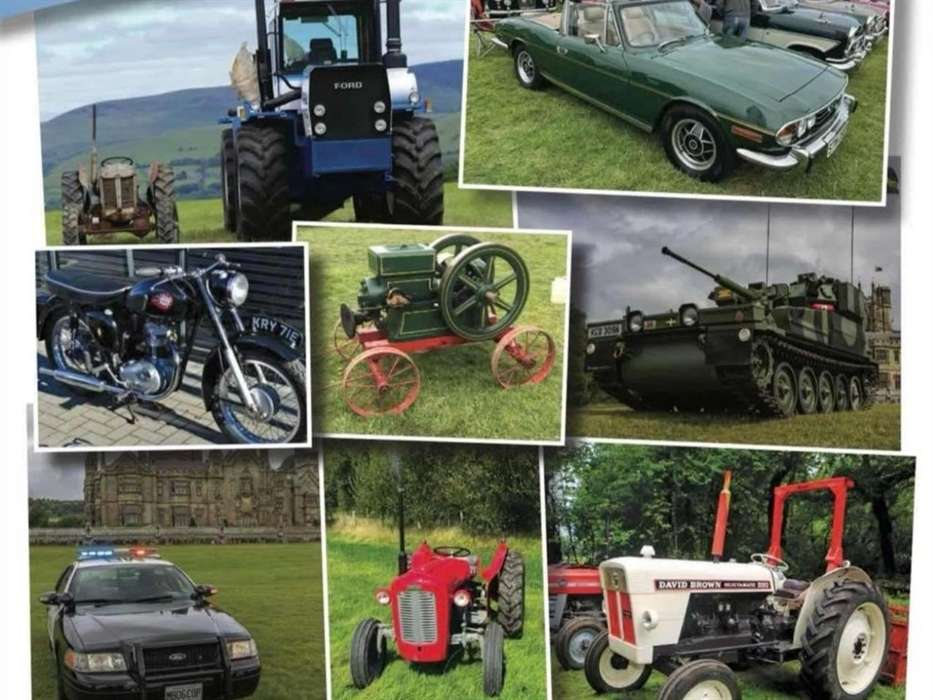 Collage of vintage vehicles at Margam Country Park including classic cars, tractors, a motorbike, and a vintage police car
