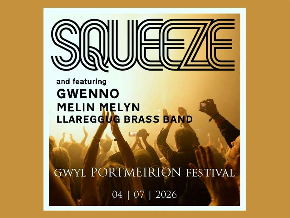 Gwyl Portmeirion Festival 2026 poster featuring headliner Squeeze over a crowd silhouette with hands raised