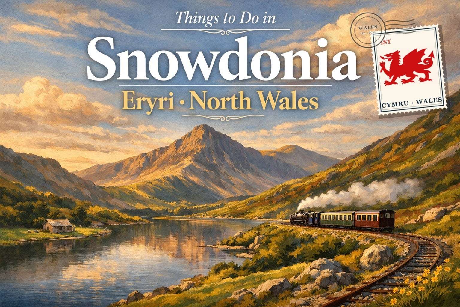 Things to Do in Snowdonia (Eryri), North Wales — a mountain peak above a glacial lake with a heritage steam train