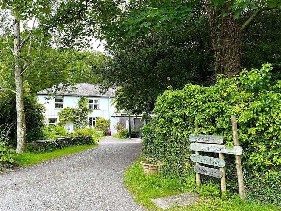Beautiful white stone house at Trigonos in the Nantlle Valley surrounded by lush green trees and a slate driveway for the Welsh Fruit Festival