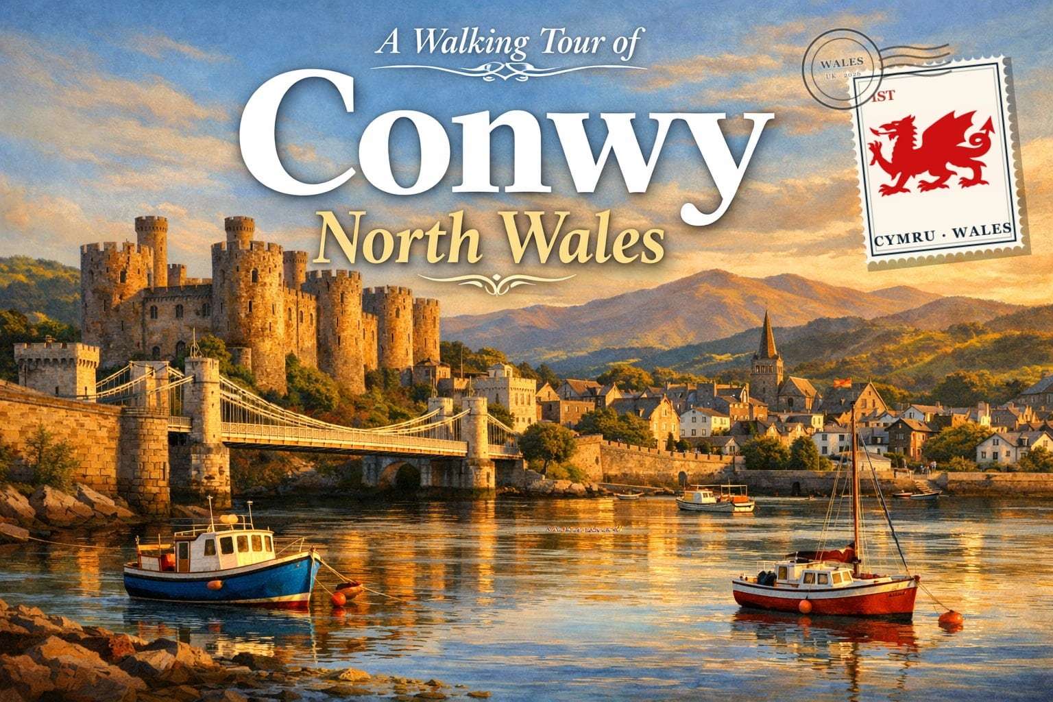 Illustrated postcard of Conwy Castle, the town walls and Telford's suspension bridge over the estuary, North Wales