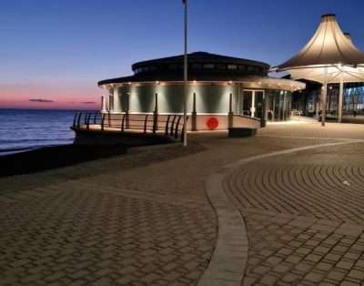 The bandstand on Aberystwyth promenade at dusk