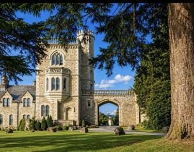The Gothic tower and archway at Mellington Hall, near Montgomery, Powys