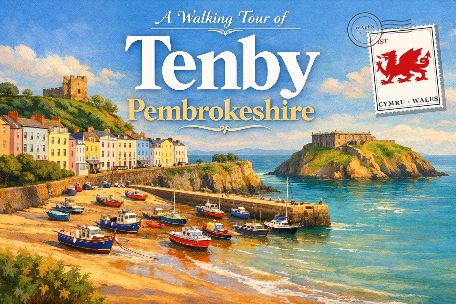 A Walking Tour of Tenby — illustrated postcard cover showing the harbour, pastel houses, Castle Hill and St Catherine's fort