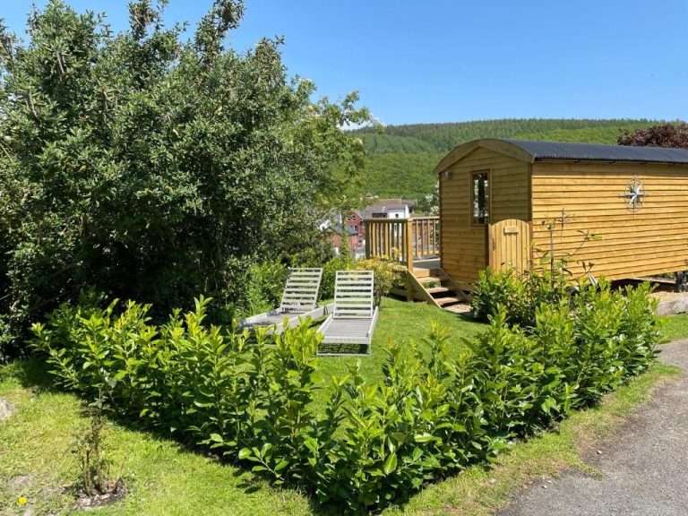 The shepherds hut at Knighton, larch-clad with a compass rose on the side and a railed veranda